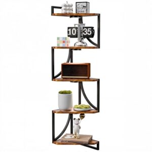5 tier wall mounted corner shelf with led lights — floating metal shelves for living room, bedroom, kitchen, rustic brown