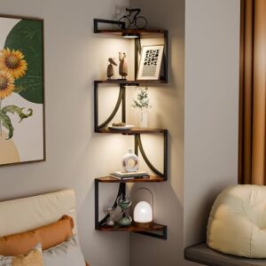 5 tier wall mounted corner shelf with led lights — floating metal shelves for living room, bedroom, kitchen, rustic brown