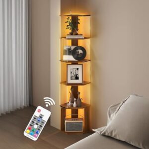 6 tier corner display cabinet with dimmable led lights — 63" tall clear acrylic shelves for living room, bedroom, office, modern curio showcase with remote control