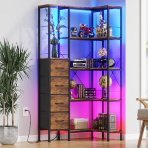 5 tier corner bookshelf with led lights & fabric drawers — convertible l shape industrial bookcase, rustic brown storage shelf for living room, bedroom, office