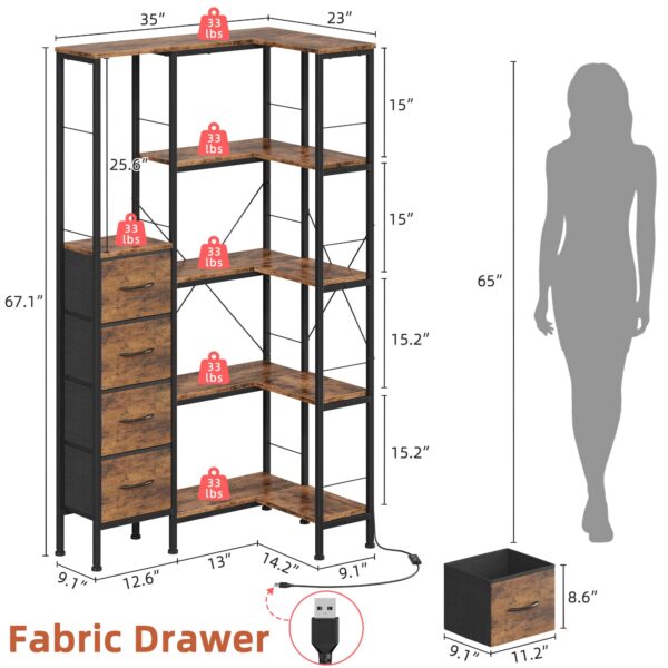 5 tier corner bookshelf with led lights & fabric drawers — convertible l shape industrial bookcase, rustic brown storage shelf for living room, bedroom, office