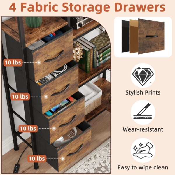 5 tier corner bookshelf with led lights & fabric drawers — convertible l shape industrial bookcase, rustic brown storage shelf for living room, bedroom, office