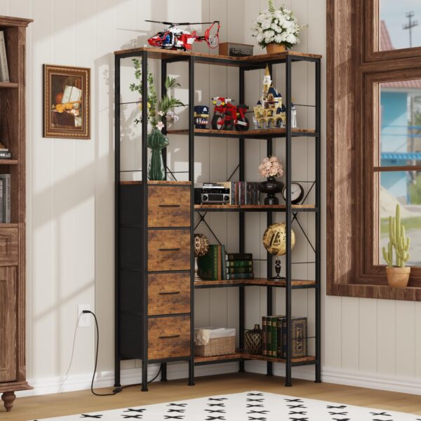 5 tier corner bookshelf with led lights & fabric drawers — convertible l shape industrial bookcase, rustic brown storage shelf for living room, bedroom, office