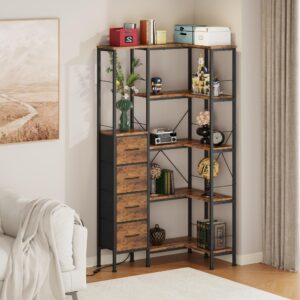 5 tier corner bookshelf with led lights & fabric drawers — convertible l shape industrial bookcase, rustic brown storage shelf for living room, bedroom, office