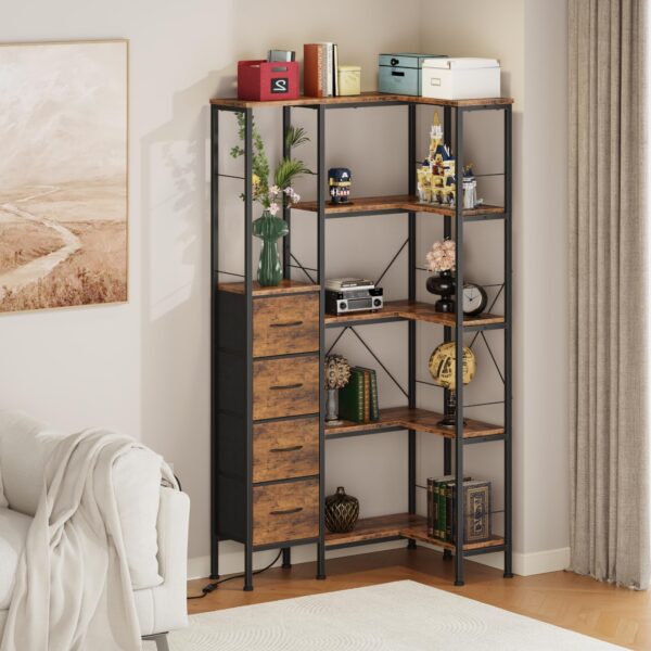 5 tier corner bookshelf with led lights & fabric drawers — convertible l shape industrial bookcase, rustic brown storage shelf for living room, bedroom, office