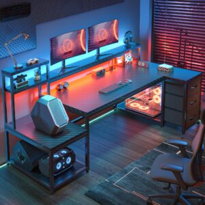 71" l shaped gaming desk | smart corner workstation w/ 3 drawers, power outlet & led lights