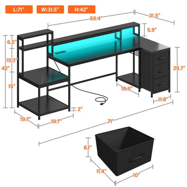 71" l shaped gaming desk | smart corner workstation w/ 3 drawers, power outlet & led lights