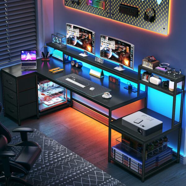 71" l shaped gaming desk | smart corner workstation w/ 3 drawers, power outlet & led lights