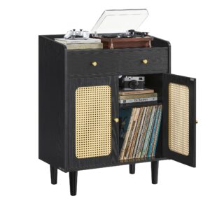 boho sideboard cabinet with rattan doors & drawers — adjustable shelf storage console table for living room, dining room, entryway, ebony black
