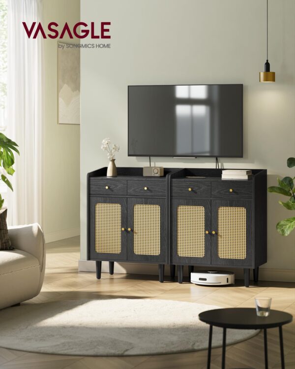 boho sideboard cabinet with rattan doors & drawers — adjustable shelf storage console table for living room, dining room, entryway, ebony black