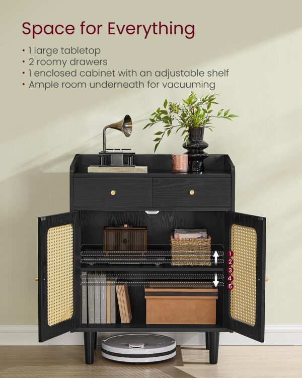 boho sideboard cabinet with rattan doors & drawers — adjustable shelf storage console table for living room, dining room, entryway, ebony black