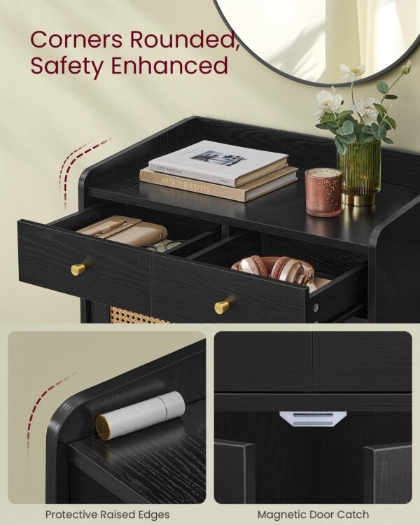 boho sideboard cabinet with rattan doors & drawers — adjustable shelf storage console table for living room, dining room, entryway, ebony black
