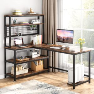 55" l shaped office desk with hutch | wireless charging, 5 storage shelves & mobile cpu stand | corner computer workstation for home office, brown