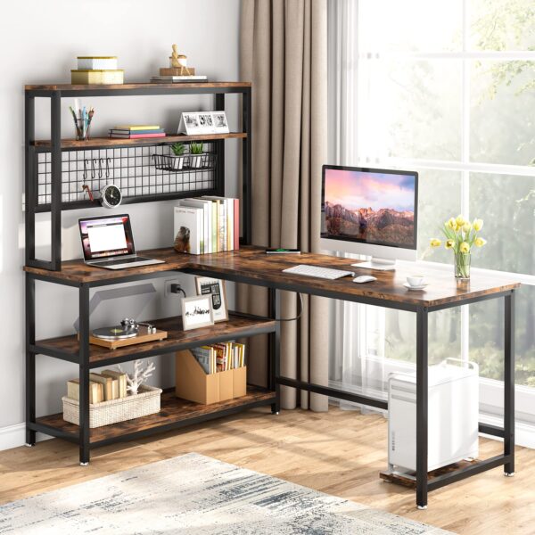 55" l shaped office desk with hutch | wireless charging, 5 storage shelves & mobile cpu stand | corner computer workstation for home office, brown