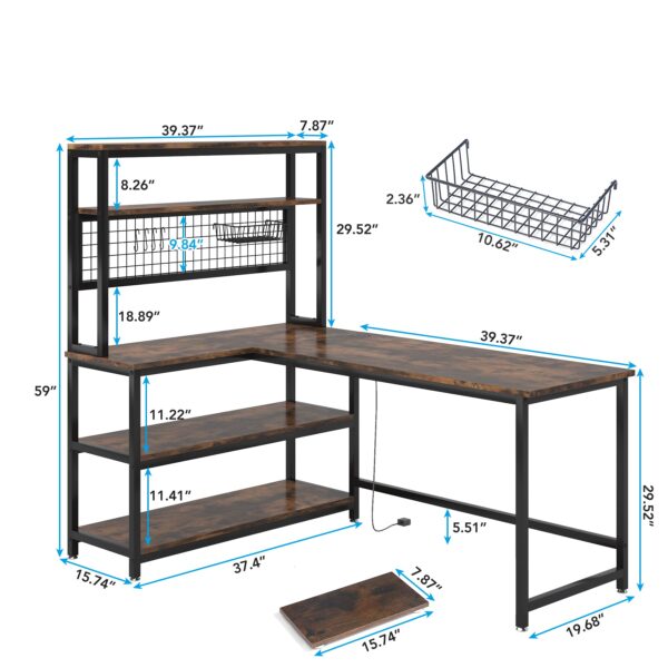 55" l shaped office desk with hutch | wireless charging, 5 storage shelves & mobile cpu stand | corner computer workstation for home office, brown