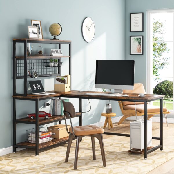 55" l shaped office desk with hutch | wireless charging, 5 storage shelves & mobile cpu stand | corner computer workstation for home office, brown