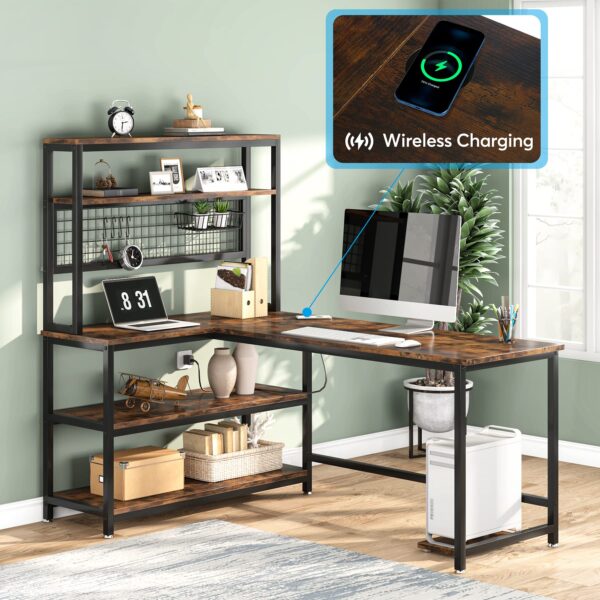 55" l shaped office desk with hutch | wireless charging, 5 storage shelves & mobile cpu stand | corner computer workstation for home office, brown