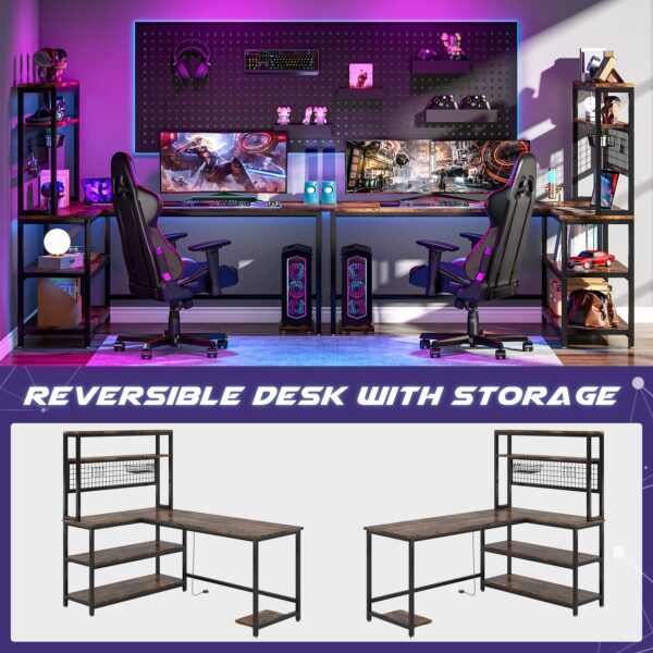 55" l shaped office desk with hutch | wireless charging, 5 storage shelves & mobile cpu stand | corner computer workstation for home office, brown