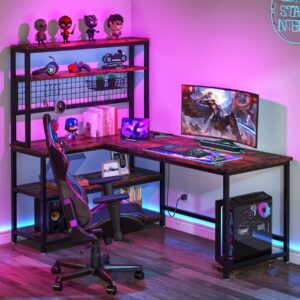 55" l shaped office desk with hutch | wireless charging, 5 storage shelves & mobile cpu stand | corner computer workstation for home office, brown