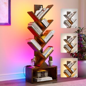 6 tier tree bookshelf with smart led lights — narrow floor bookcase, tall steel & wood storage shelf with cabinet for living room/bedroom/office, black