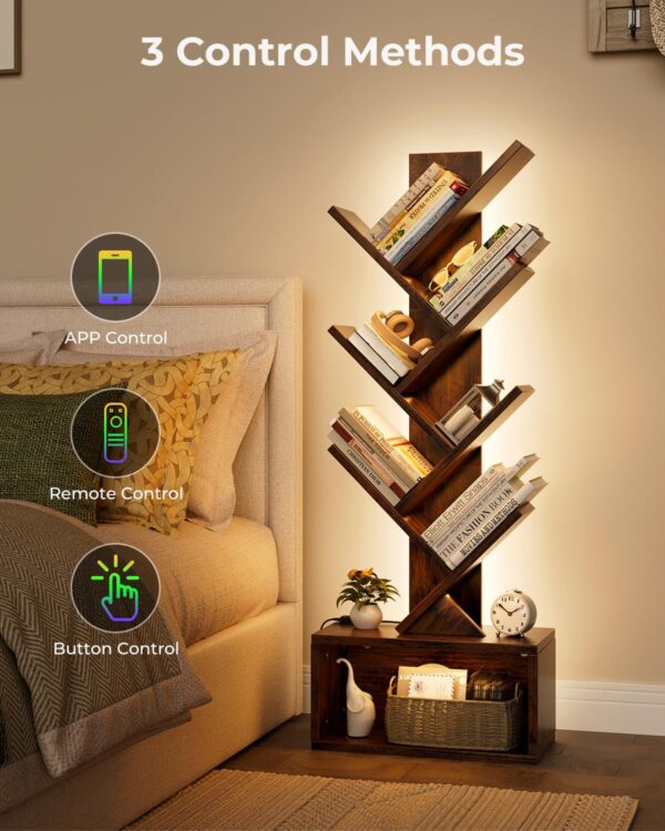 6 tier tree bookshelf with smart led lights — narrow floor bookcase, tall steel & wood storage shelf with cabinet for living room/bedroom/office, black