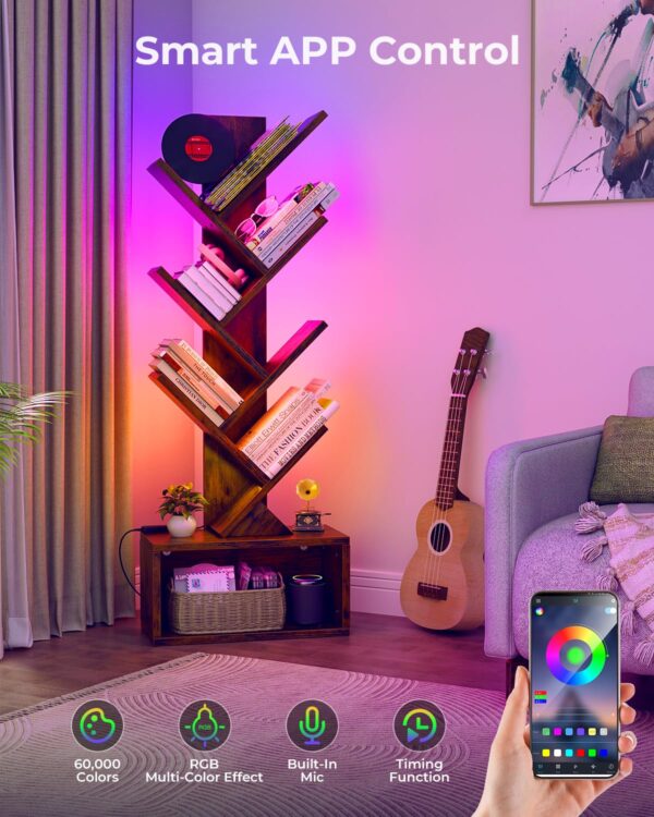 6 tier tree bookshelf with smart led lights — narrow floor bookcase, tall steel & wood storage shelf with cabinet for living room/bedroom/office, black