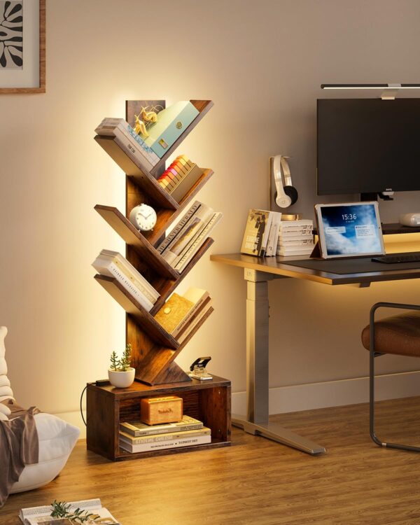 6 tier tree bookshelf with smart led lights — narrow floor bookcase, tall steel & wood storage shelf with cabinet for living room/bedroom/office, black