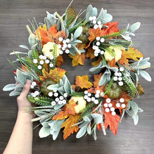 fall wreath for front door with lights, 20'' farmhouse autumn wreath with white pumpkins, bow & maple leaves, harvest thanksgiving decorations