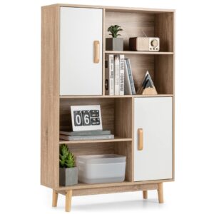 4 tier storage cabinet with doors & shelves — floor standing bookshelf with anti tip device, multifunctional cupboard for living room, kitchen, office, white
