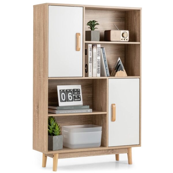 4 tier storage cabinet with doors & shelves — floor standing bookshelf with anti tip device, multifunctional cupboard for living room, kitchen, office, white