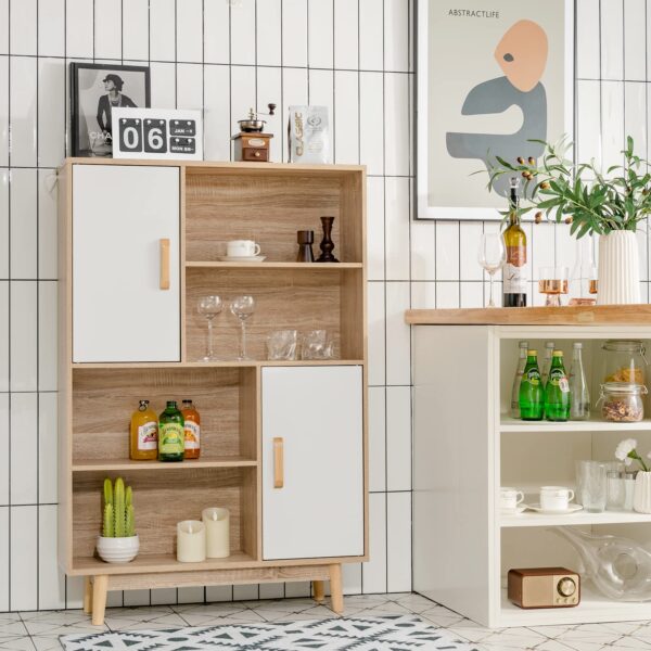 4 tier storage cabinet with doors & shelves — floor standing bookshelf with anti tip device, multifunctional cupboard for living room, kitchen, office, white