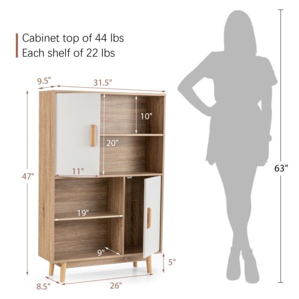 4 tier storage cabinet with doors & shelves — floor standing bookshelf with anti tip device, multifunctional cupboard for living room, kitchen, office, white