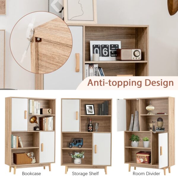 4 tier storage cabinet with doors & shelves — floor standing bookshelf with anti tip device, multifunctional cupboard for living room, kitchen, office, white