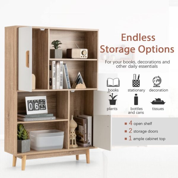 4 tier storage cabinet with doors & shelves — floor standing bookshelf with anti tip device, multifunctional cupboard for living room, kitchen, office, white