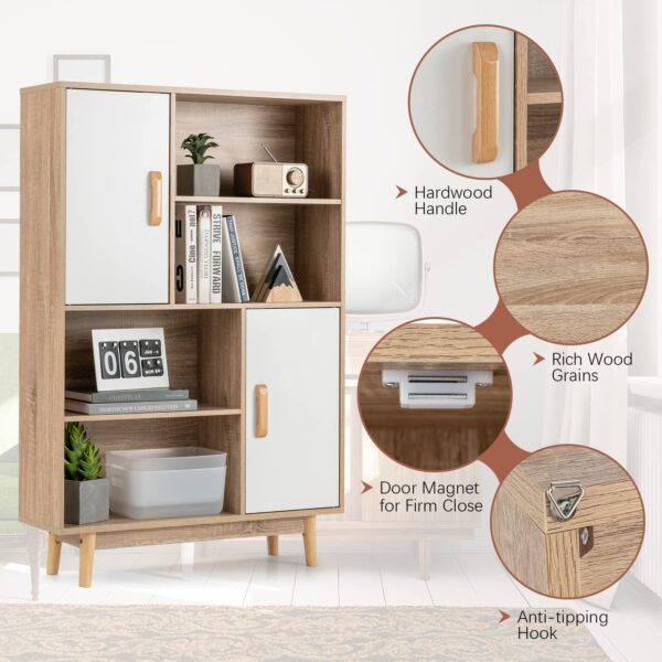 4 tier storage cabinet with doors & shelves — floor standing bookshelf with anti tip device, multifunctional cupboard for living room, kitchen, office, white