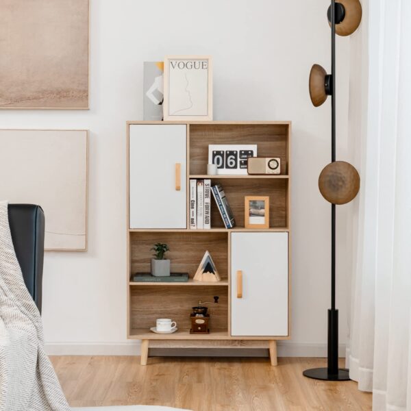 4 tier storage cabinet with doors & shelves — floor standing bookshelf with anti tip device, multifunctional cupboard for living room, kitchen, office, white