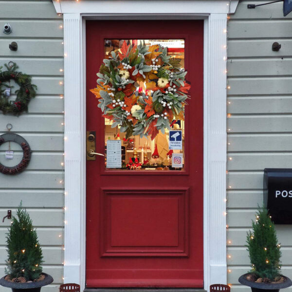fall wreath for front door with lights, 20'' farmhouse autumn wreath with white pumpkins, bow & maple leaves, harvest thanksgiving decorations