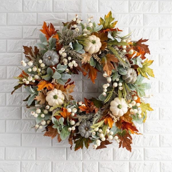 fall wreath for front door with lights, 20'' farmhouse autumn wreath with white pumpkins, bow & maple leaves, harvest thanksgiving decorations