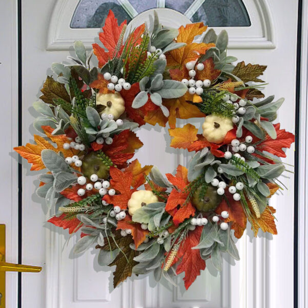fall wreath for front door with lights, 20'' farmhouse autumn wreath with white pumpkins, bow & maple leaves, harvest thanksgiving decorations