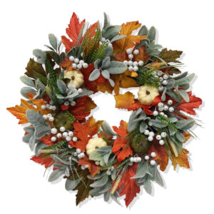 fall wreath for front door with lights, 20'' farmhouse autumn wreath with white pumpkins, bow & maple leaves, harvest thanksgiving decorations