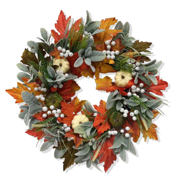 fall wreath for front door with lights, 20'' farmhouse autumn wreath with white pumpkins, bow & maple leaves, harvest thanksgiving decorations