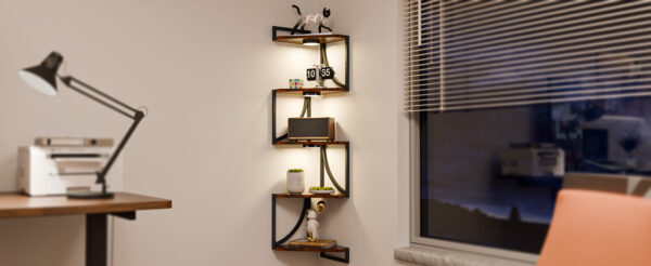 5 tier wall mounted corner shelf with led lights — floating metal shelves for living room, bedroom, kitchen, rustic brown
