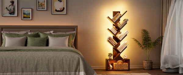 6 tier tree bookshelf with smart led lights — narrow floor bookcase, tall steel & wood storage shelf with cabinet for living room/bedroom/office, black
