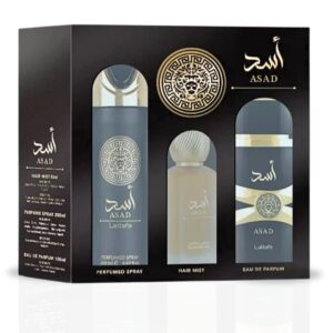 lattafa asad eau de parfum spray 100ml, hair mist 50ml, perfumed spray 200ml | gift set