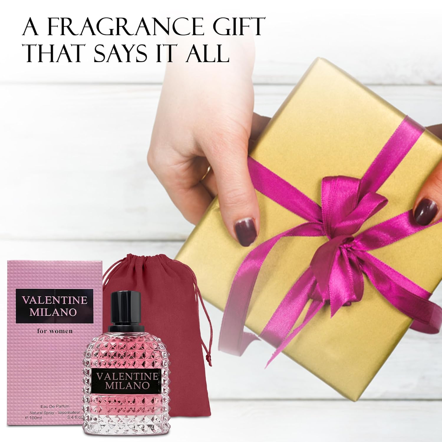 valentine milano eau de parfum spray perfume, fragrance for women daywear, casual daily cologne set with suede pouch 3.4 fl oz bottle beauty gift for birthday, anniversary